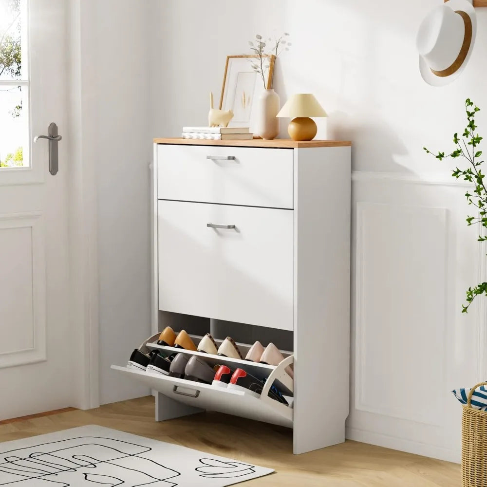 Shoe Cabinet Storage for Entryway Ultra Slim with 2 Flip &1Drop-Down Drawers, 24.8" W Narrow Shoe Cabinet for Front Door