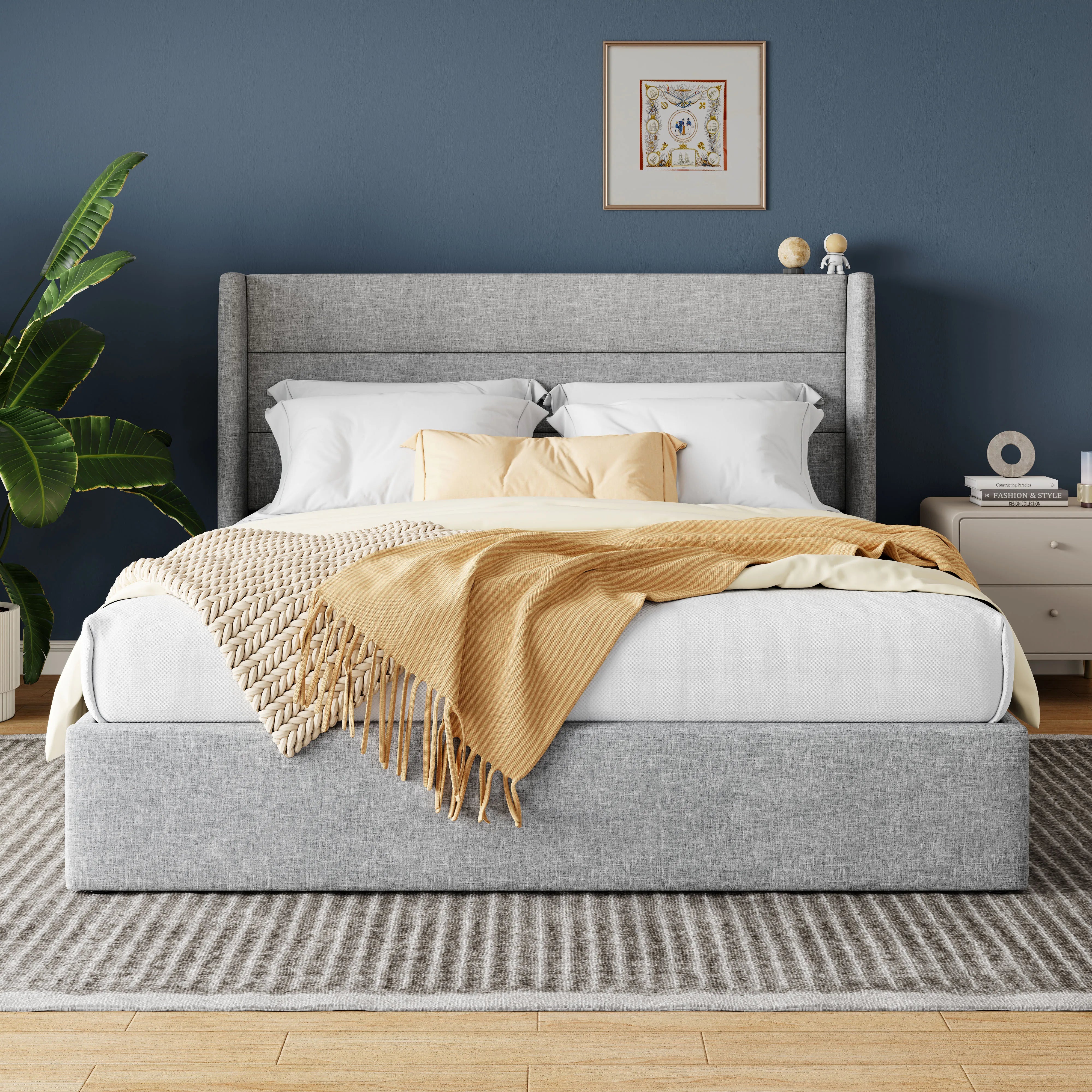 HOOMIC Lift Up Storage Bed with Wingback Headboard/Heavy-Duty Hydraulic Bed/Large Underneath Storage Allewie