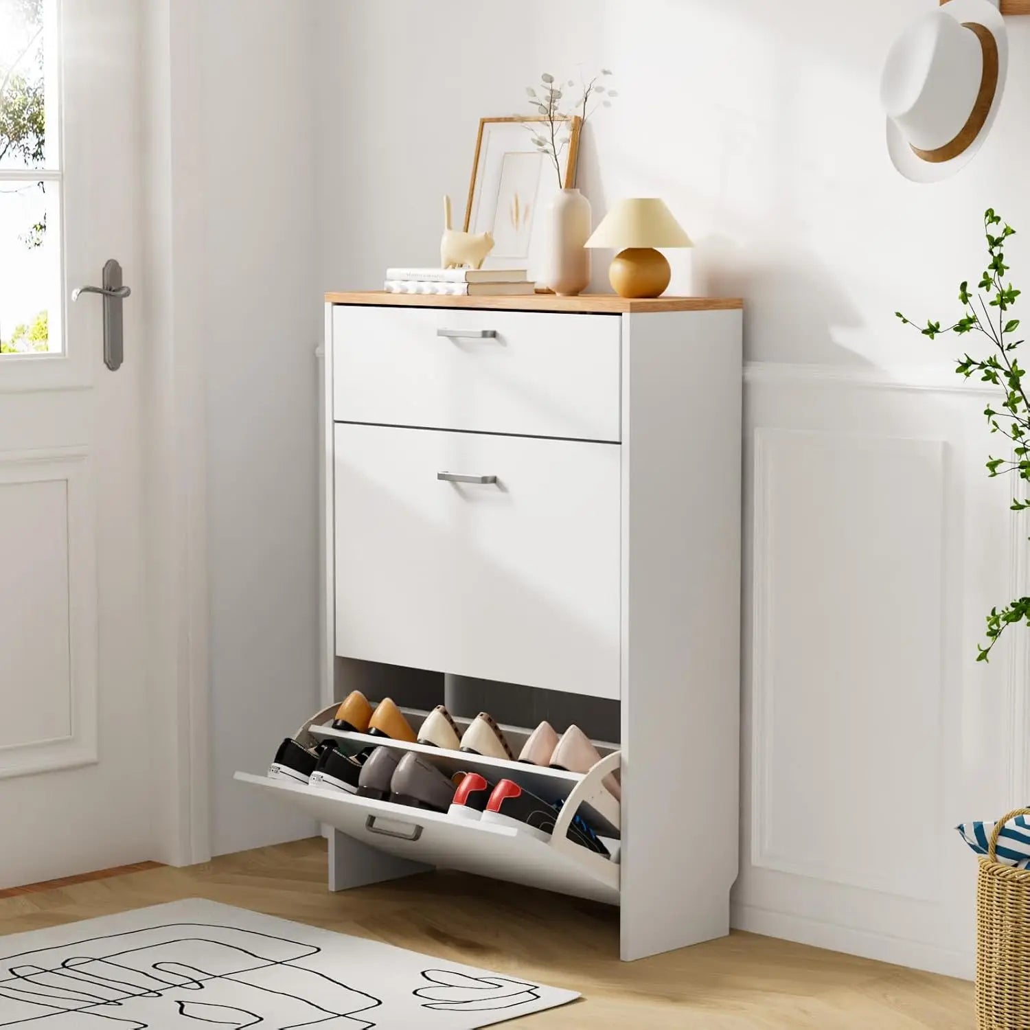 Shoe Cabinet Storage for Entryway Ultra Slim with 2 Flip &1Drop-Down Drawers, 24.8" W Narrow Shoe Cabinet for Front Door