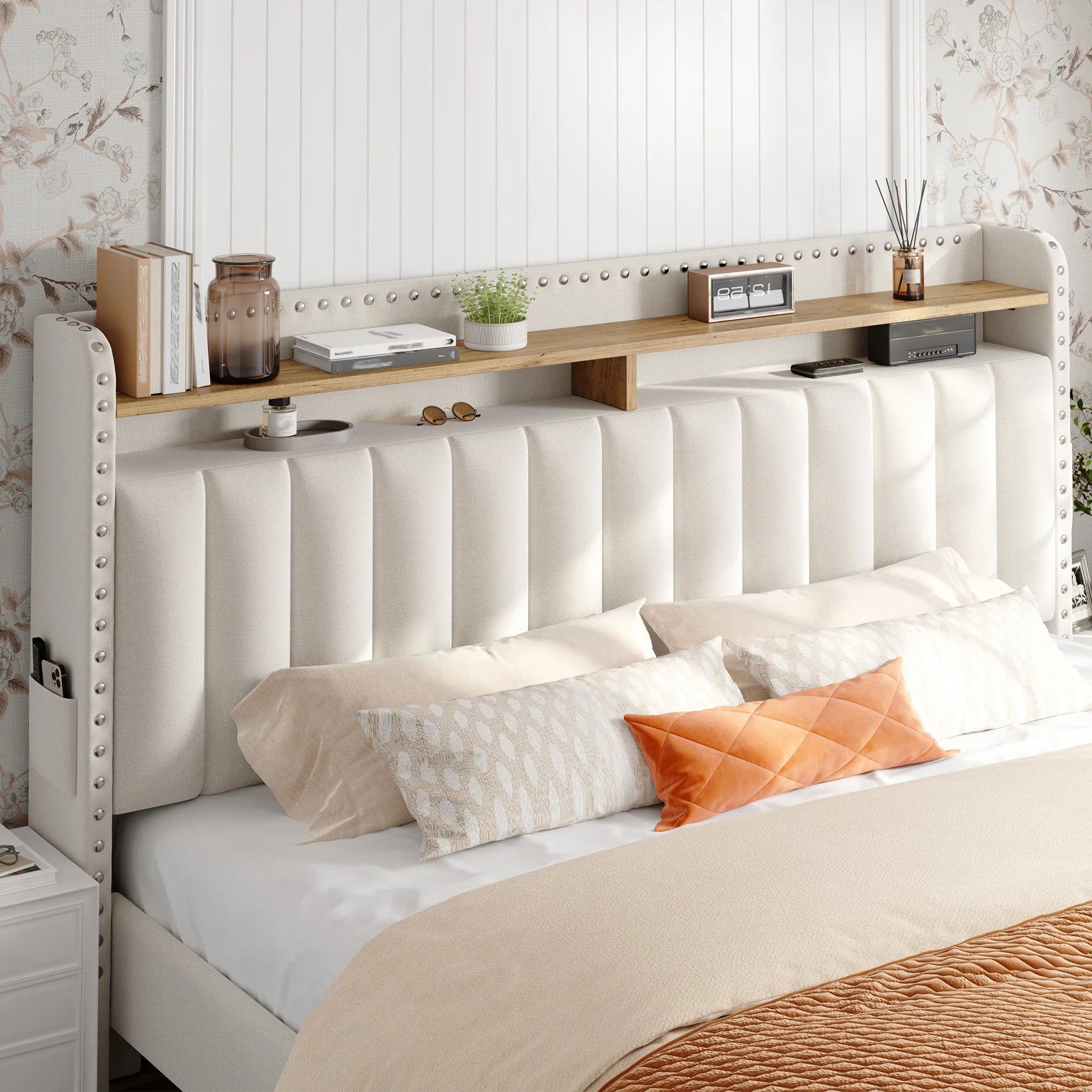 Full/Queen/King Bed Frame with 2-Tier Storage Headboard & 2 Storage Drawers Upholstered Platform Bed Frame No Box Spring Needed