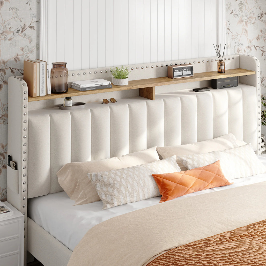 Full/Queen/King Bed Frame with 2-Tier Storage Headboard & 2 Storage Drawers Upholstered Platform Bed Frame No Box Spring Needed