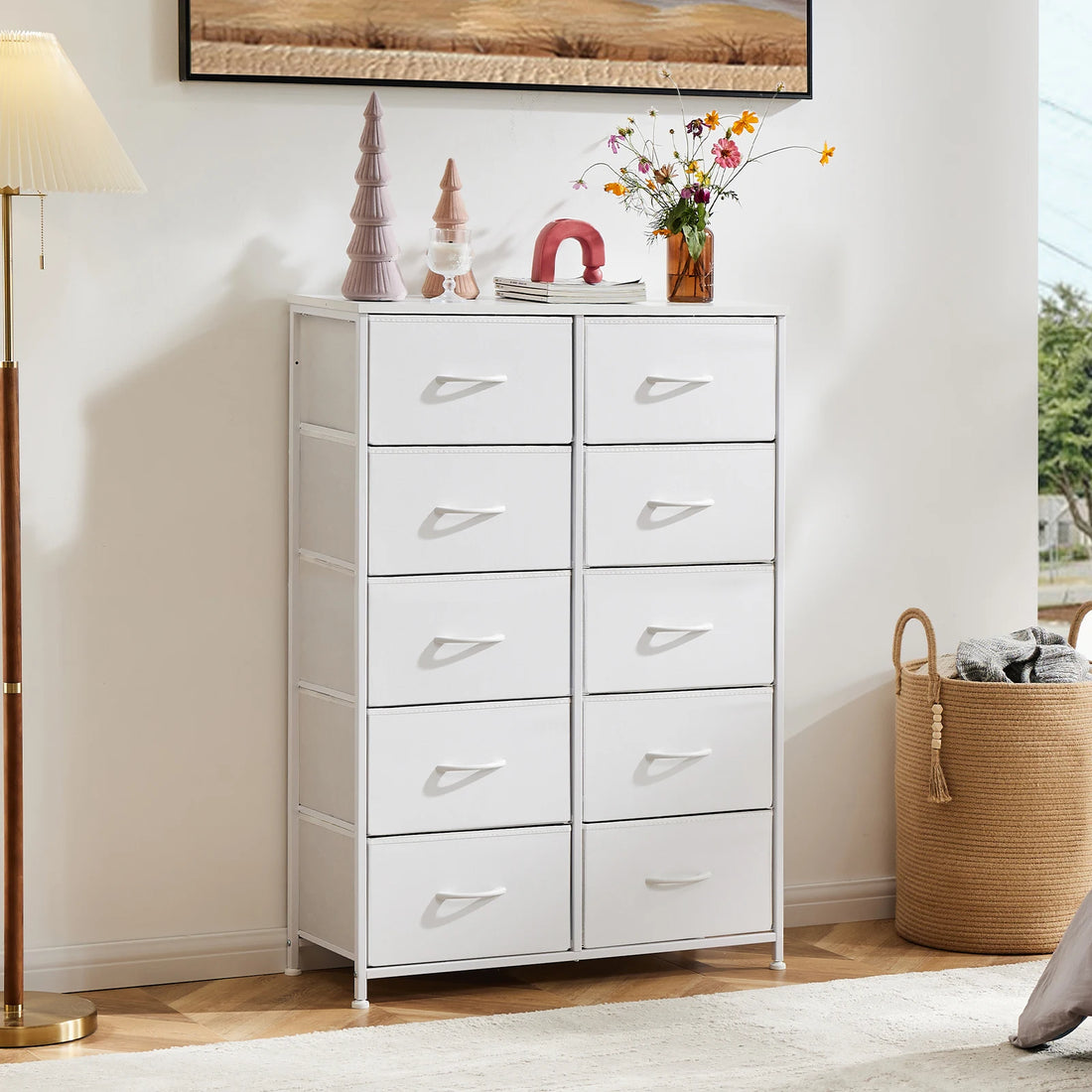 JHK Bedside Table For Bedroom With 10 Fabric Drawers Nightstand Storage Cabinet With Steel Frame Clothes Storage Display Cabinet