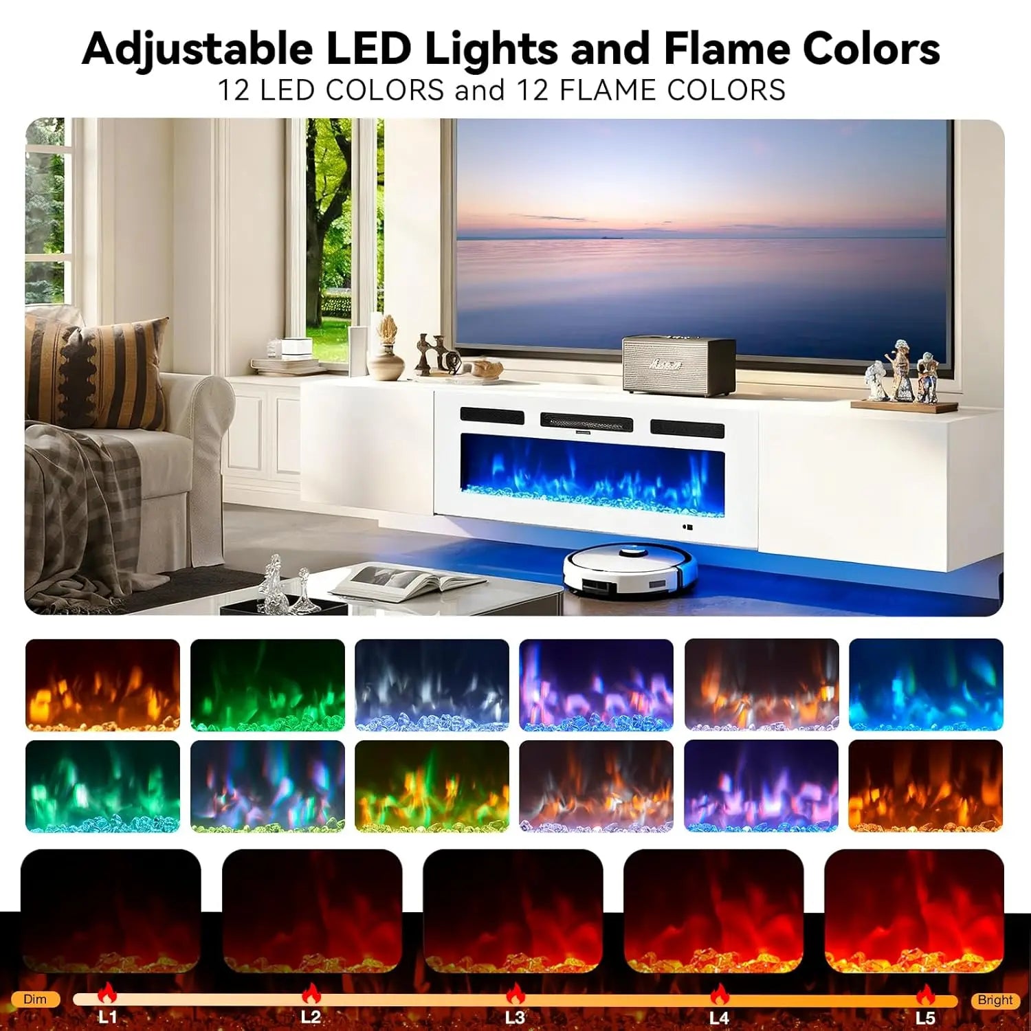 70in Wall Mount Floating TV Stand Console Electric Fireplace 36in 12-Color LED Storage Fit 80in TVs Living Room White Customized
