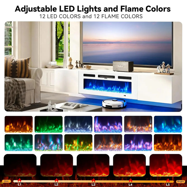 70in Wall Mount Floating TV Stand Console Electric Fireplace 36in 12-Color LED Storage Fit 80in TVs Living Room White Customized