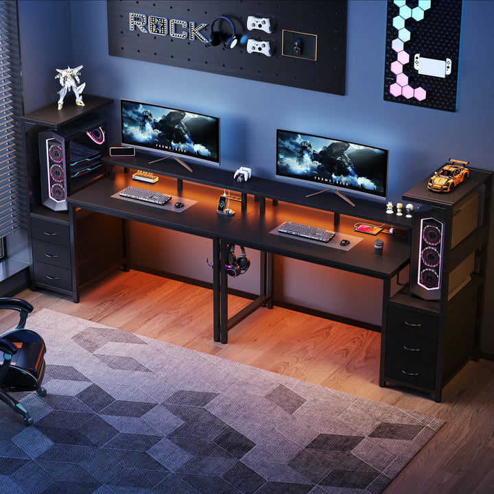 52In to 59In Gaming Desk with 3 Storage Drawers Wood Office Computer Desks with LED Lights Power Outlets for Office Bedroom