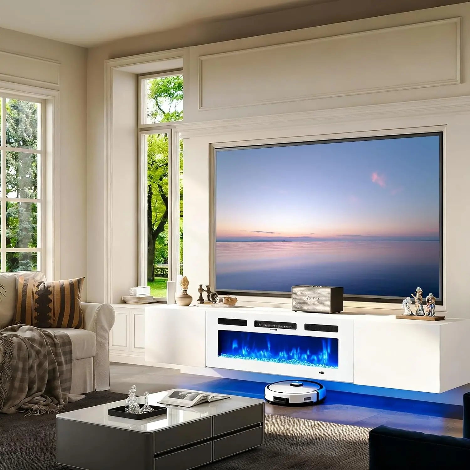 70in Wall Mount Floating TV Stand Console Electric Fireplace 36in 12-Color LED Storage Fit 80in TVs Living Room White Customized