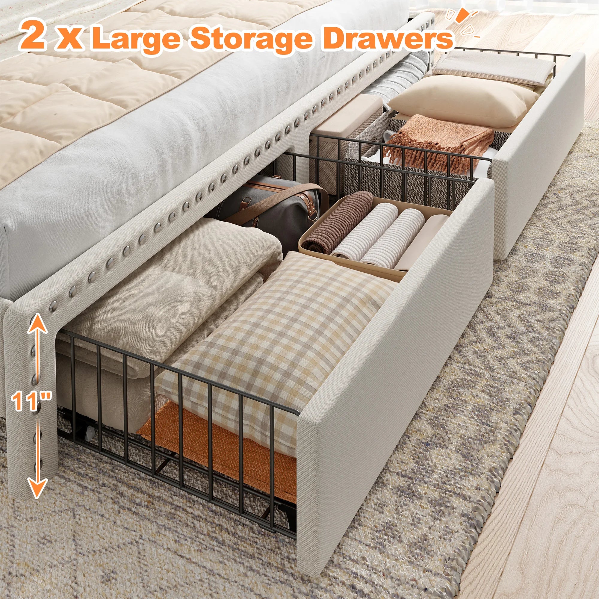 Full/Queen/King Bed Frame with 2-Tier Storage Headboard & 2 Storage Drawers Upholstered Platform Bed Frame No Box Spring Needed