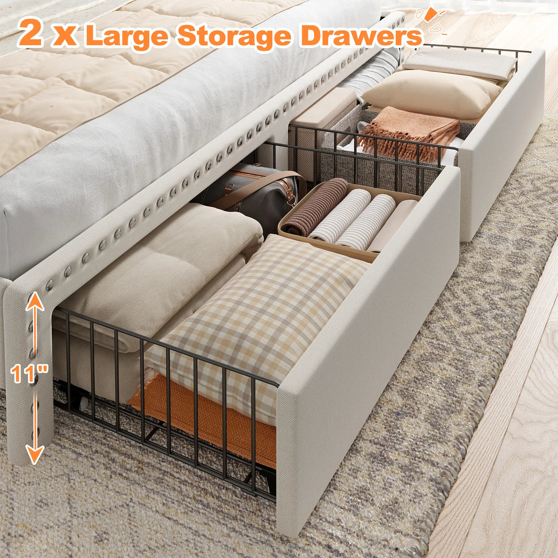 Full/Queen/King Bed Frame with 2-Tier Storage Headboard & 2 Storage Drawers Upholstered Platform Bed Frame No Box Spring Needed