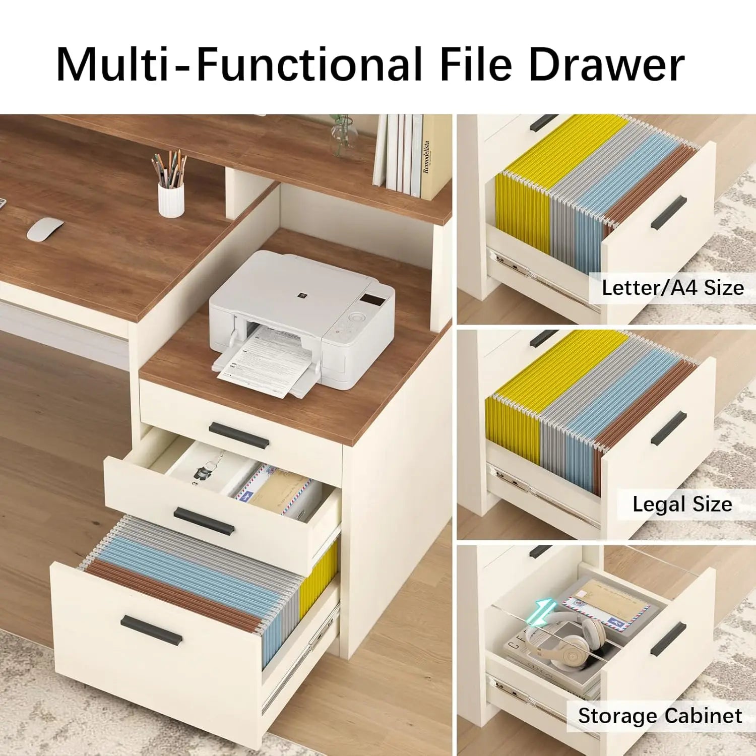 65 Inch Computer Desk with 3 Drawers & Storage Shelves, Executive Desk with File Drawer & Cabinet, Home Office Desk, Customized