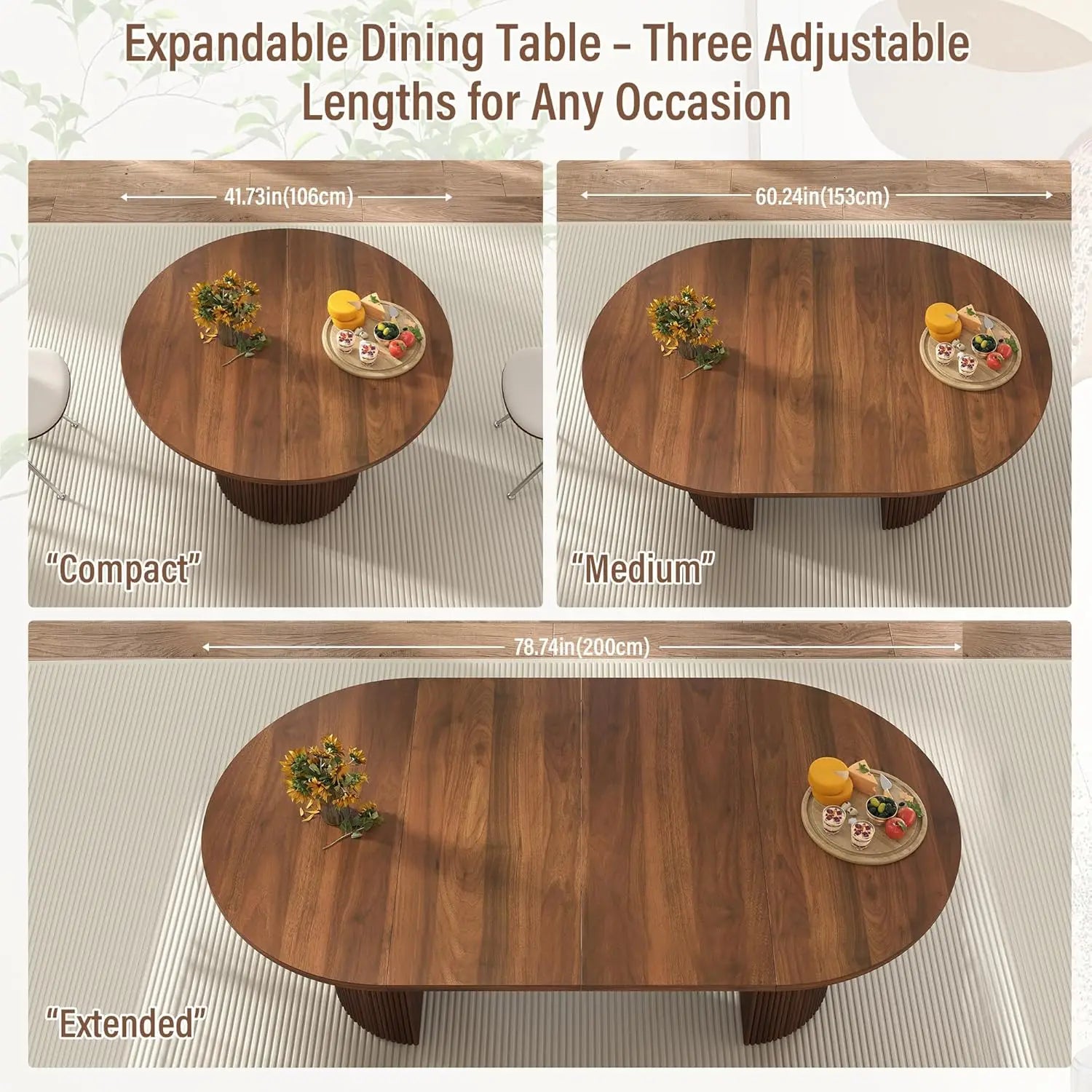 41 in-78 in Extendable Dining Room Table for 4-8, Round Expandable Kitchen Table with Fluted Base, Modern Farmhouse, Customized