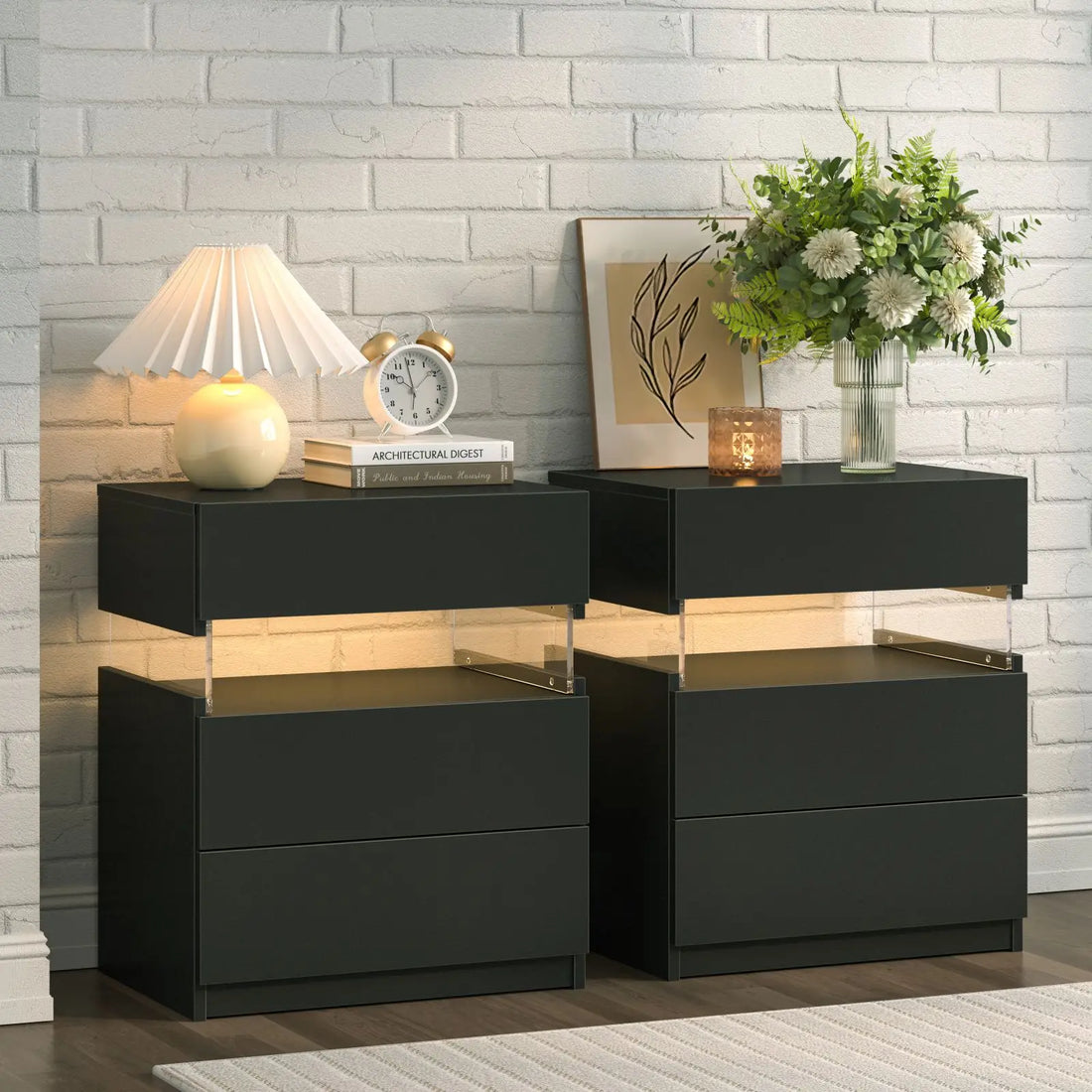Cubehom Bedside Tables 2 Set with LED Lighting White Bedside Table with 3 Drawers Bedside Table for Bedroom
