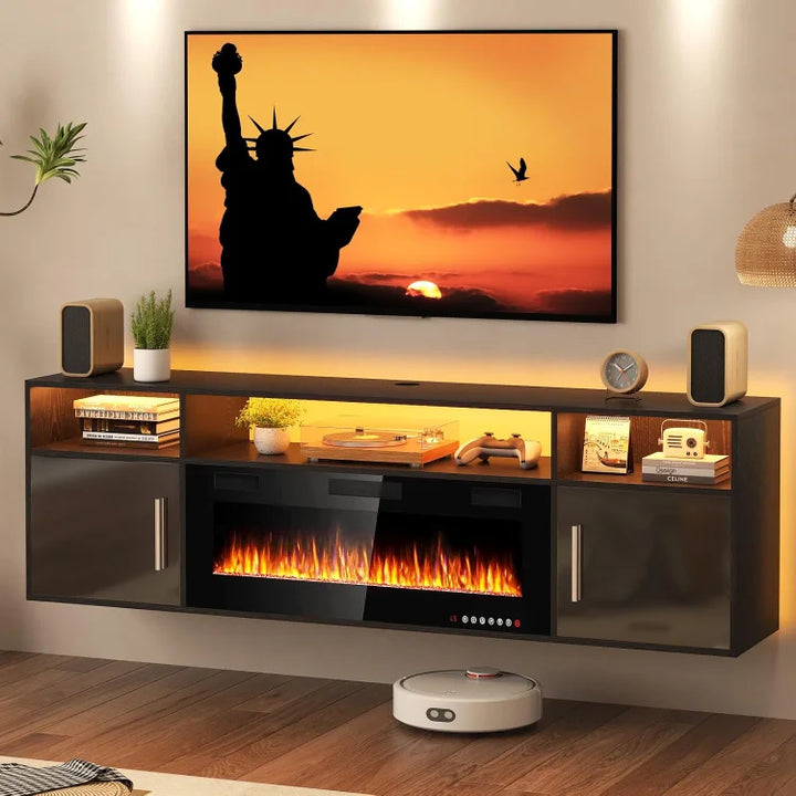 70" Floating TV Stand with 36" Electric Fireplace, High Gloss Finish Wall Mounted Electric Fireplace TV Stand with Storage and 1