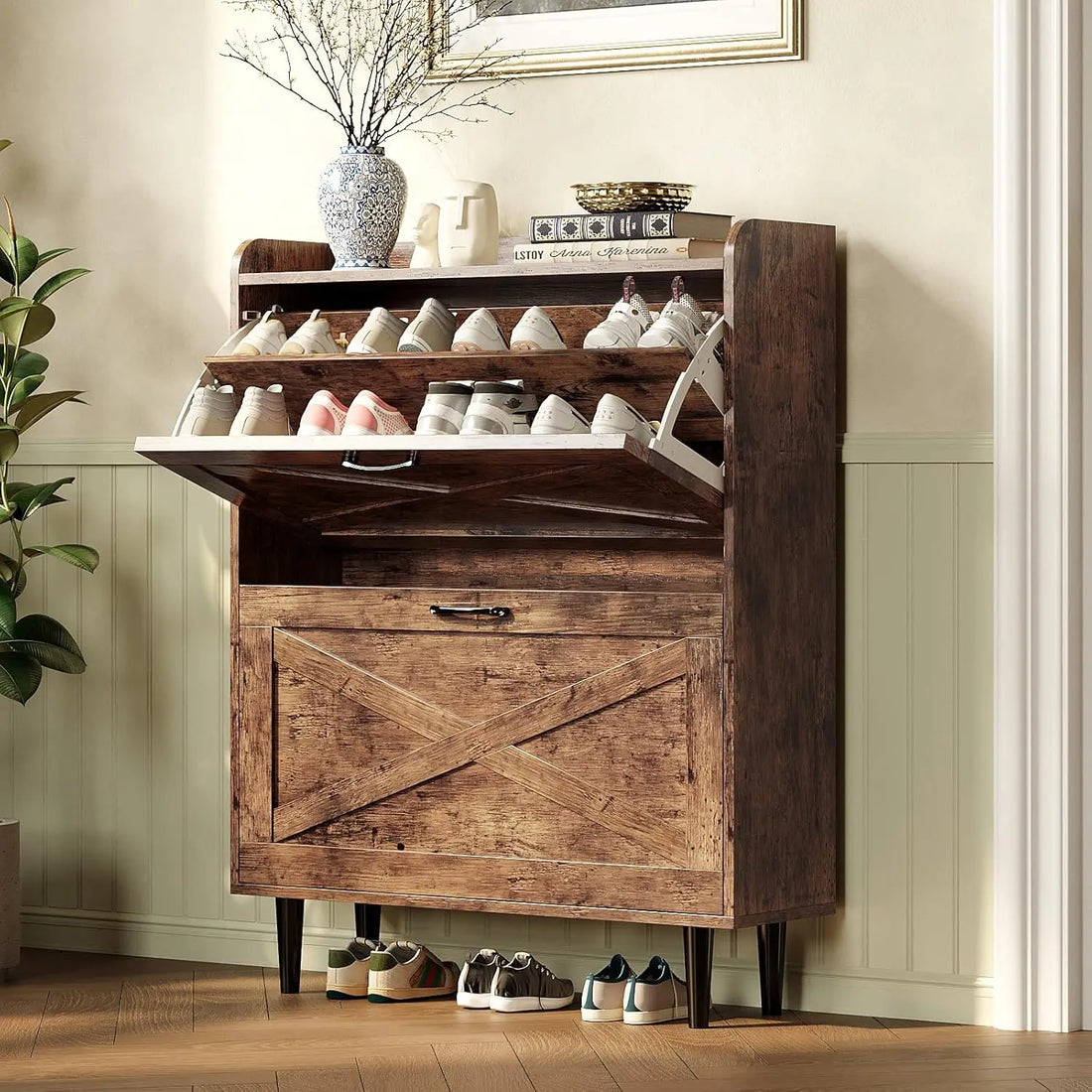 Shoe Cabinet Storage for Entryway Ultra Slim with 2 Flip &1Drop-Down Drawers, 24.8" W Narrow Shoe Cabinet for Front Door