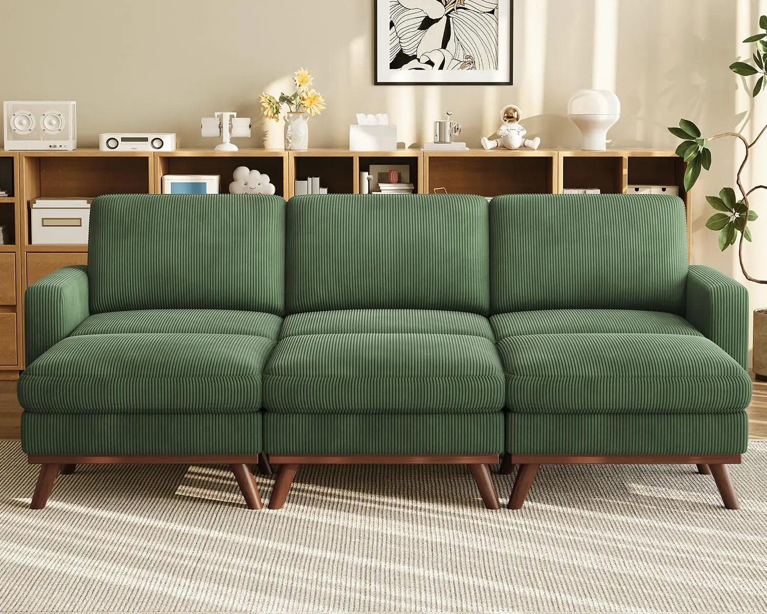 97" L-Shape Modular Sectional Sofa 3-Seat Corduroy Movable Ottoman Living Room Green, Customized