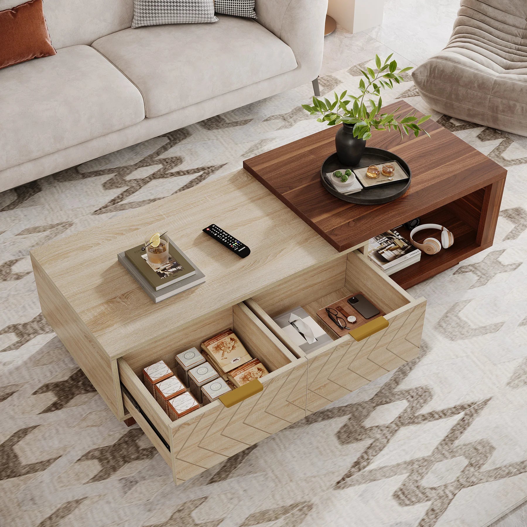 Tribesigns Extendable Coffee Table, 42"-65" Length Adjustable Reversible Wood Coffee Table with 2 Storage Drawers