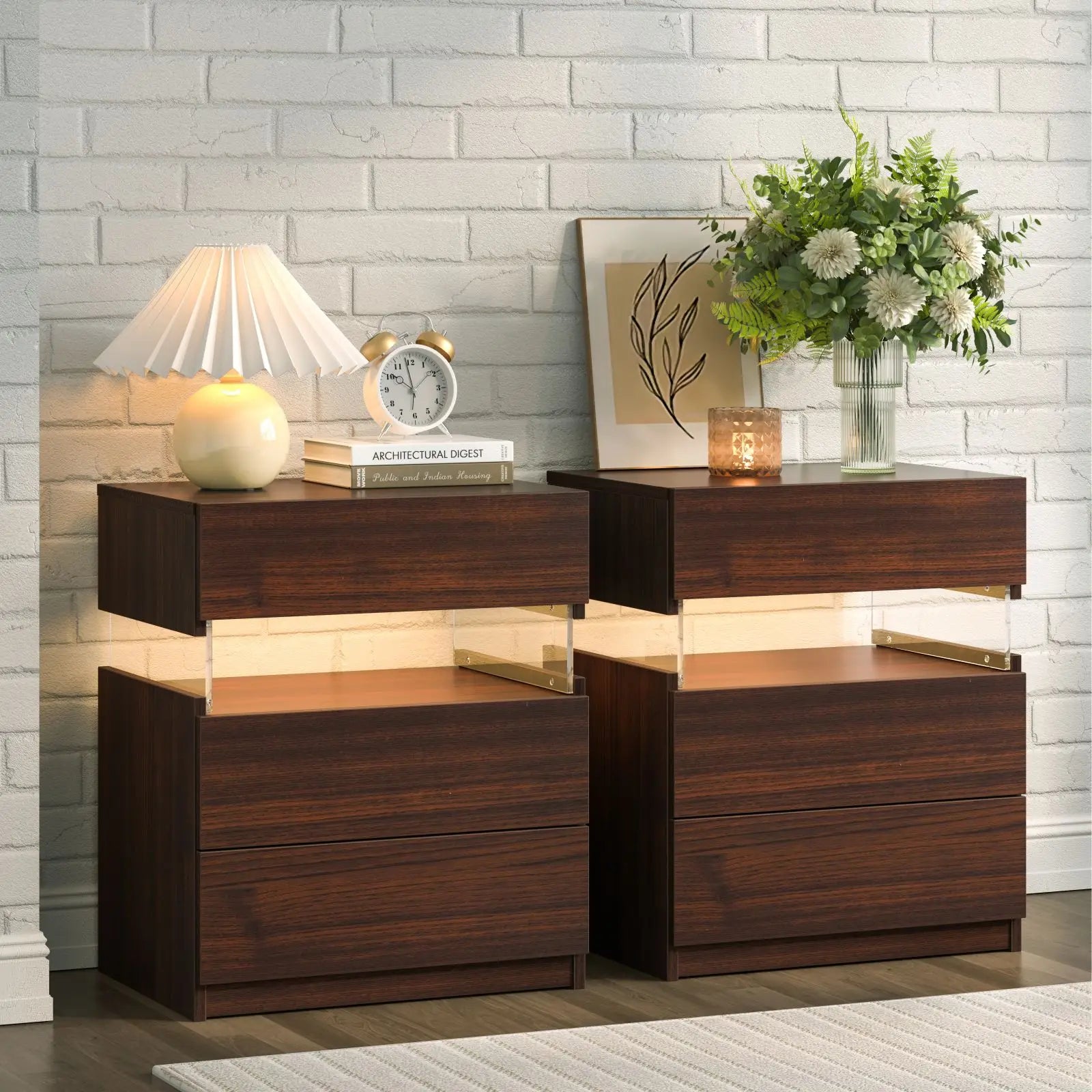 Cubehom Bedside Tables 2 Set with LED Lighting White Bedside Table with 3 Drawers Bedside Table for Bedroom