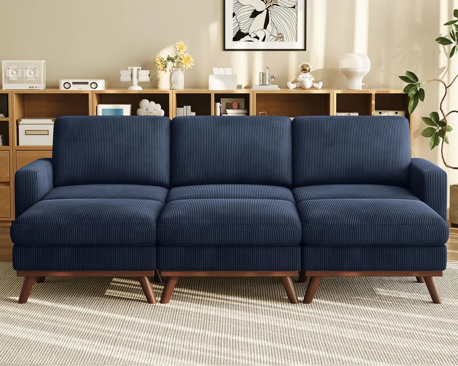 97" L-Shape Modular Sectional Sofa 3-Seat Corduroy Movable Ottoman Living Room Green, Customized