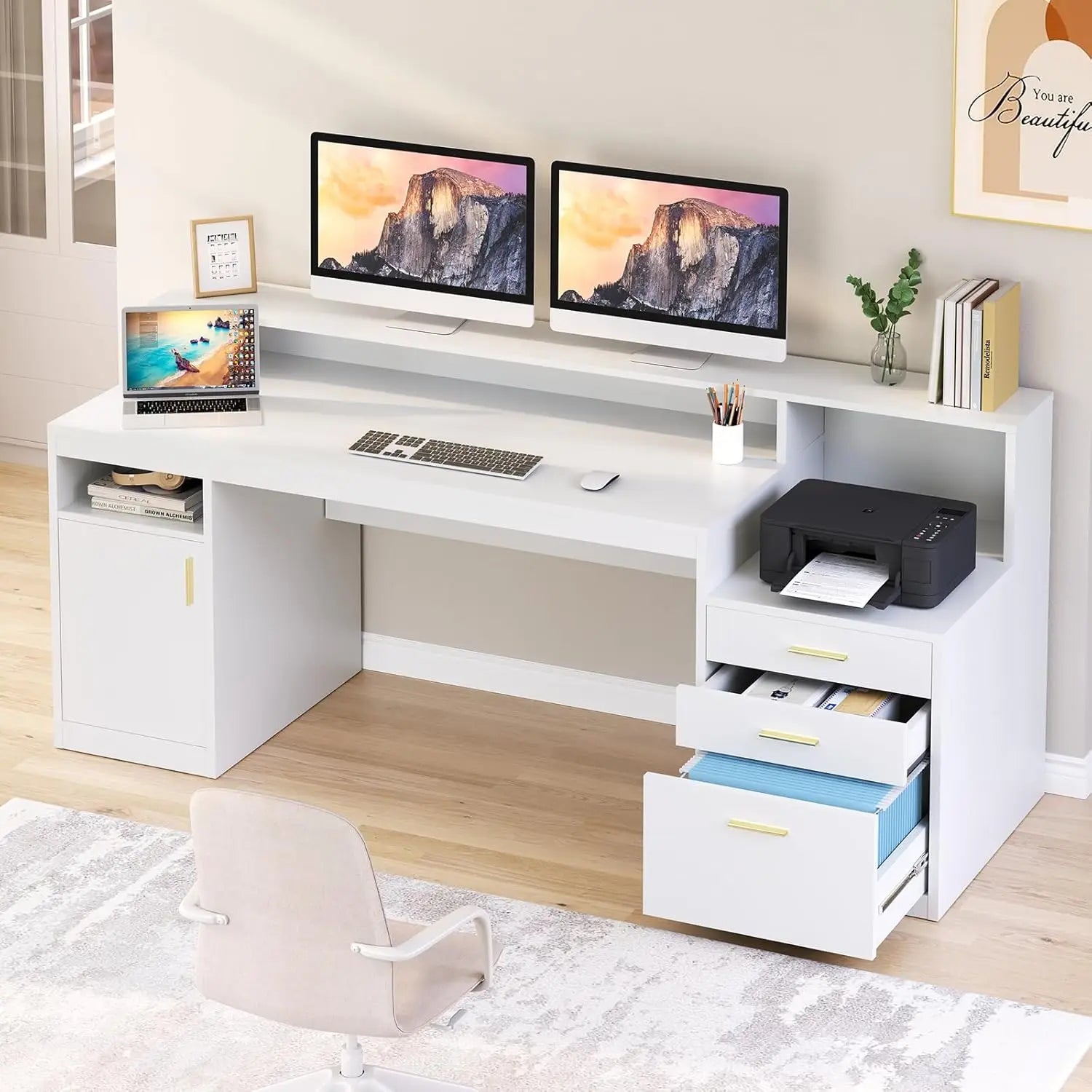 65 Inch Computer Desk with 3 Drawers & Storage Shelves, Executive Desk with File Drawer & Cabinet, Home Office Desk, Customized