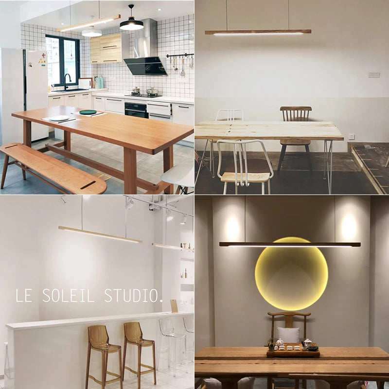 Nordic Minimalist Wabi Sabi Wind Strip Wood Led Pendant Lights Restaurant Bar Home Decor Lamp Dining Room Office Desk Chandelier
