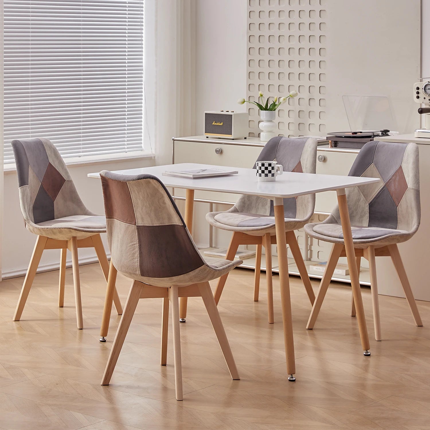 EGOONM Set of 2/4 Dining Chairs Patchwork Chairs with Wooden Legs and padded seat for Kitchen Living Room Technical cloth fabric
