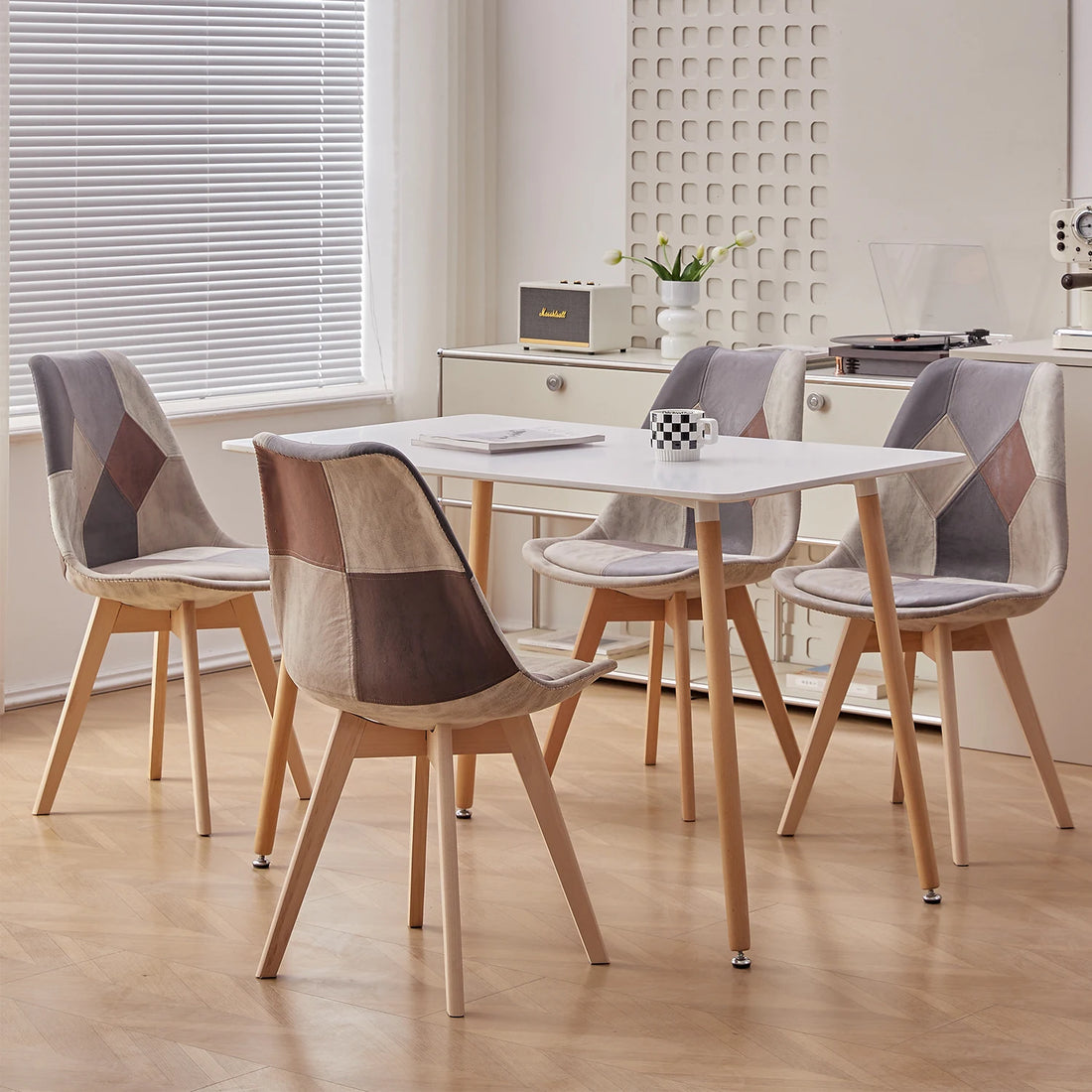 EGOONM Set of 2/4 Dining Chairs Patchwork Chairs with Wooden Legs and padded seat for Kitchen Living Room Technical cloth fabric