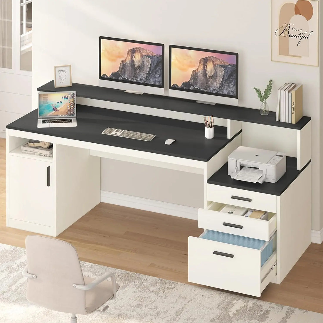 65 Inch Computer Desk with 3 Drawers & Storage Shelves, Executive Desk with File Drawer & Cabinet, Home Office Desk, Customized