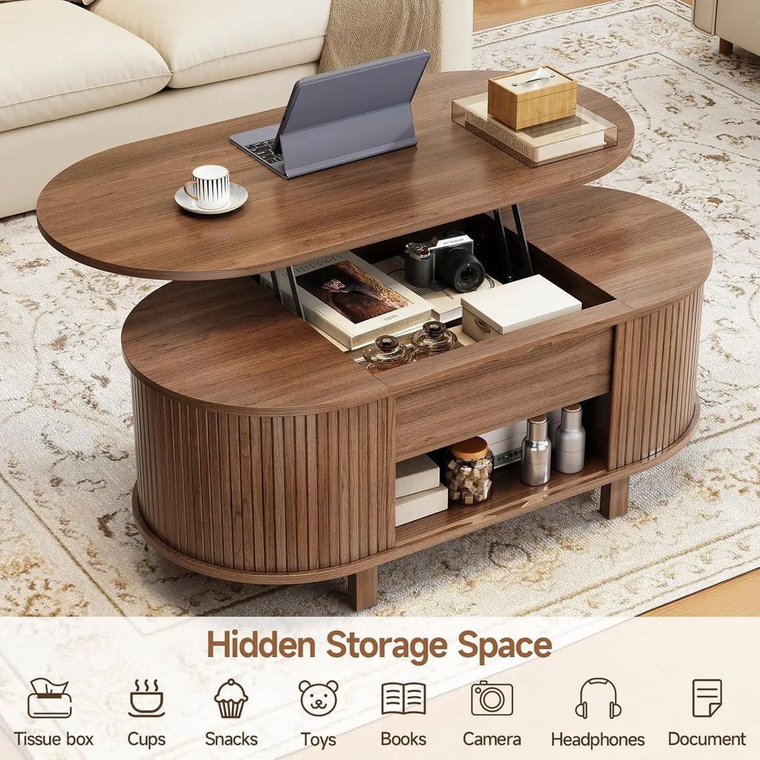 43.3" Oval Lift Top Coffee Table with Hidden Compartment, Fluted Wood Coffee Table with Sliding Door,Customized