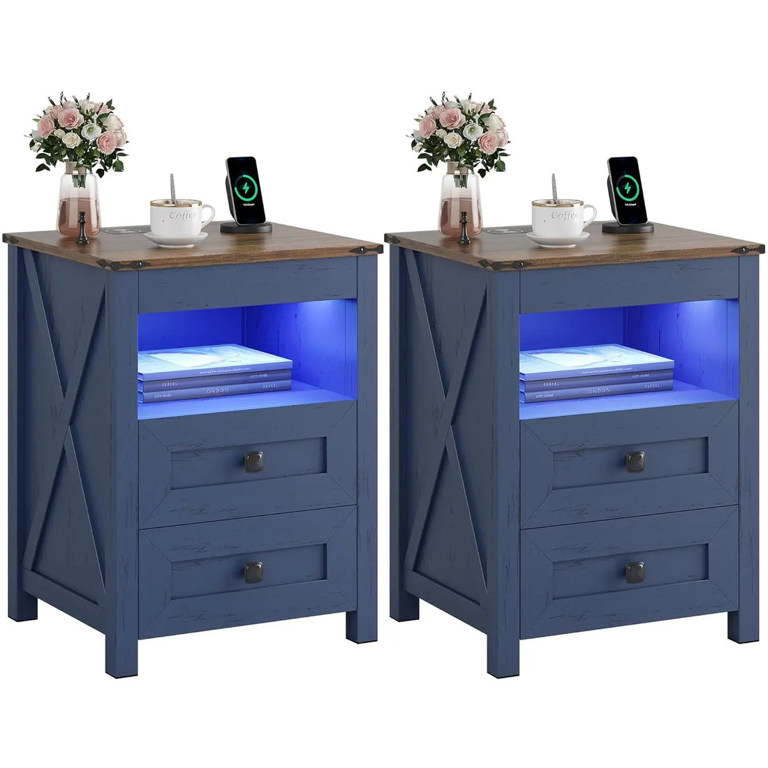 LED Nightstand Set of 2 with Gun Drawer: Bedside Table with Charging Station for Bedroom Furniture – Farmhouse, Customized