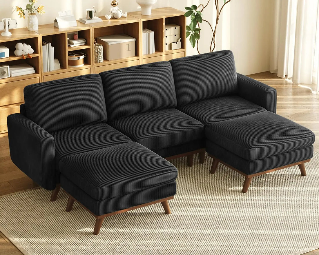 97" L-Shape Modular Sectional Sofa 3-Seat Corduroy Movable Ottoman Living Room Green, Customized