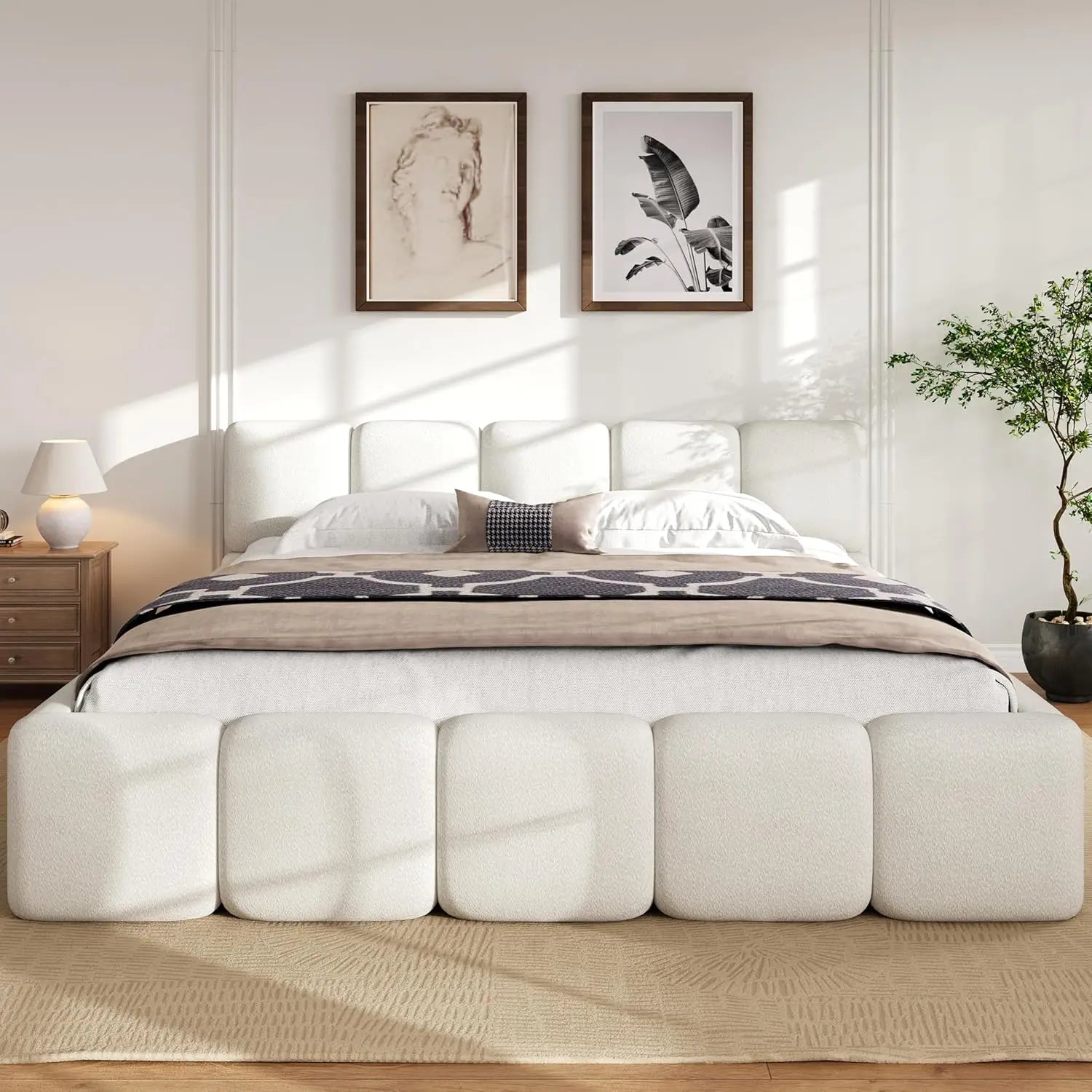 King Size Boucle Platform Bed with Thick Headboard and Footboard, Block Style Upholstery Floor Bed Frame, White