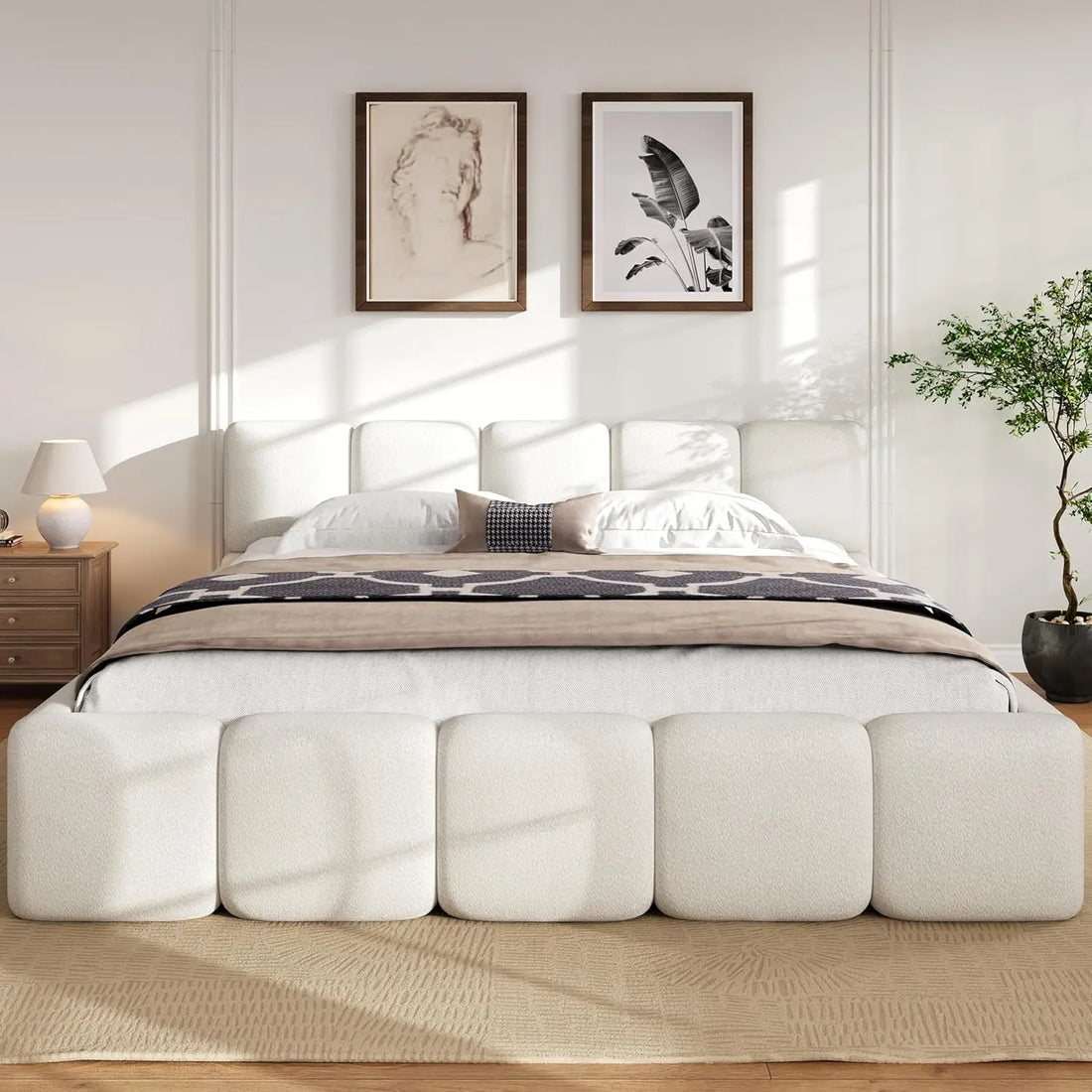 King Size Boucle Platform Bed with Thick Headboard and Footboard, Block Style Upholstery Floor Bed Frame, White