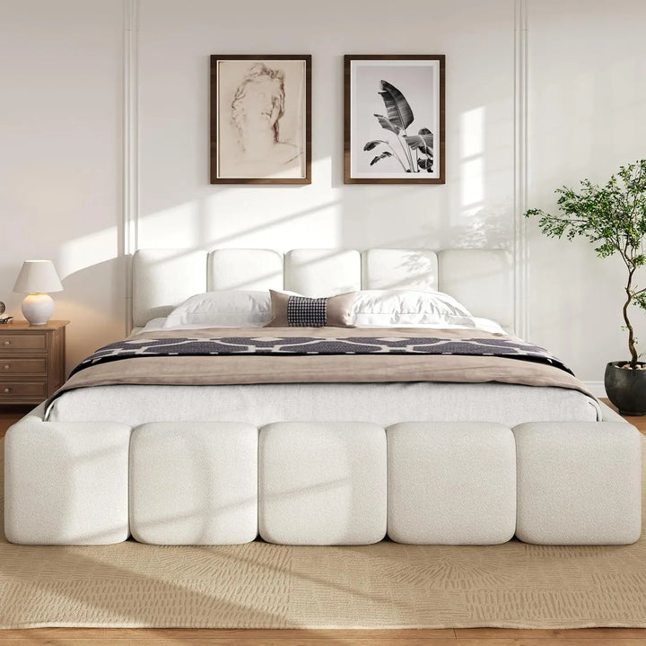 King Size Boucle Platform Bed with Thick Headboard and Footboard, Block Style Upholstery Floor Bed Frame, White