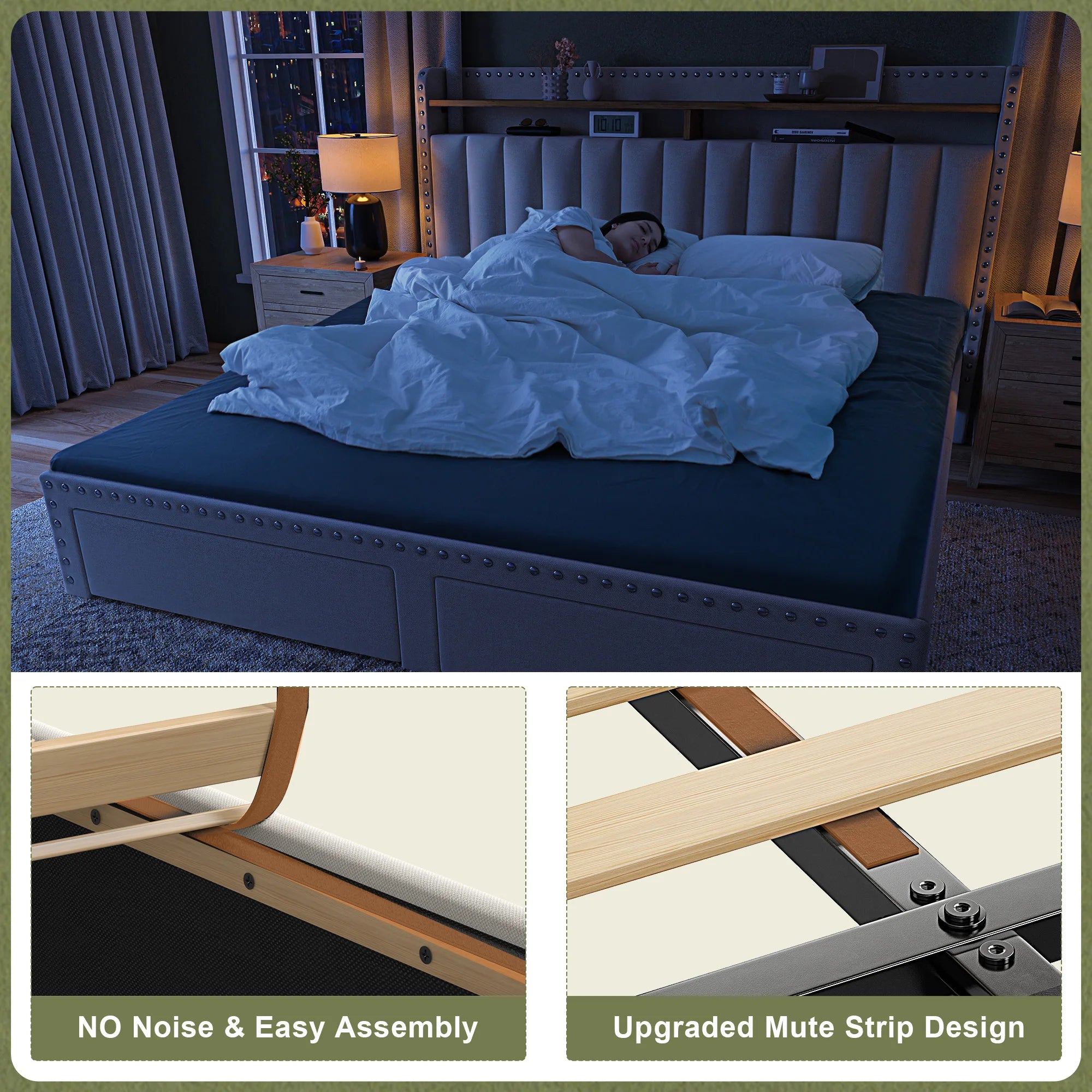 Full/Queen/King Bed Frame with 2-Tier Storage Headboard & 2 Storage Drawers Upholstered Platform Bed Frame No Box Spring Needed