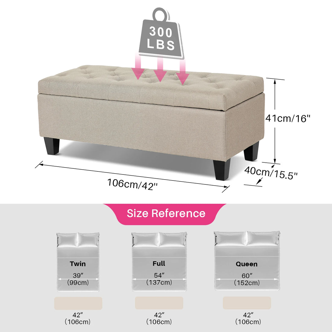 Redlife 42'' Storage Ottoman Bench, Tufted Entryway Bedroom Bench Footrest Stool w/ Flipping Lid Safety Hinge 66 L Storage Space