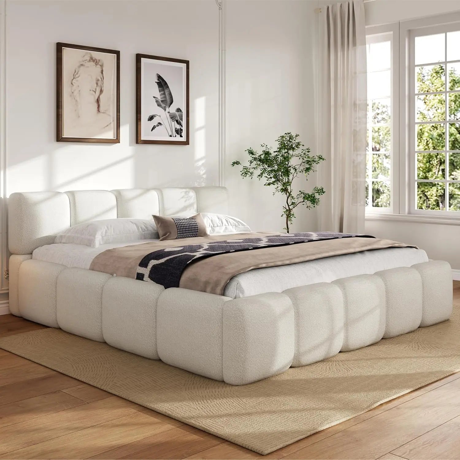 King Size Boucle Platform Bed with Thick Headboard and Footboard, Block Style Upholstery Floor Bed Frame, White