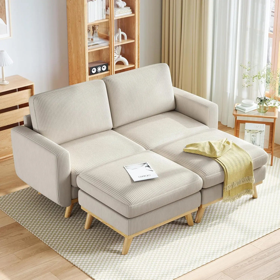 97" L-Shape Modular Sectional Sofa 3-Seat Corduroy Movable Ottoman Living Room Green, Customized