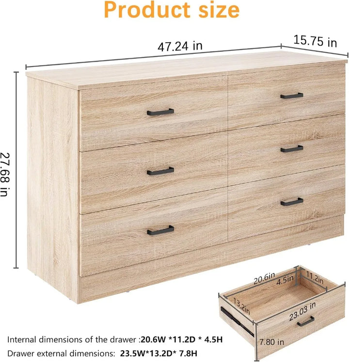 Dresser for Bedroom, 6 Drawer Double Dresser, Modern Chest of Drawers with Deep Drawers, TV Stand Large Storage Organizer