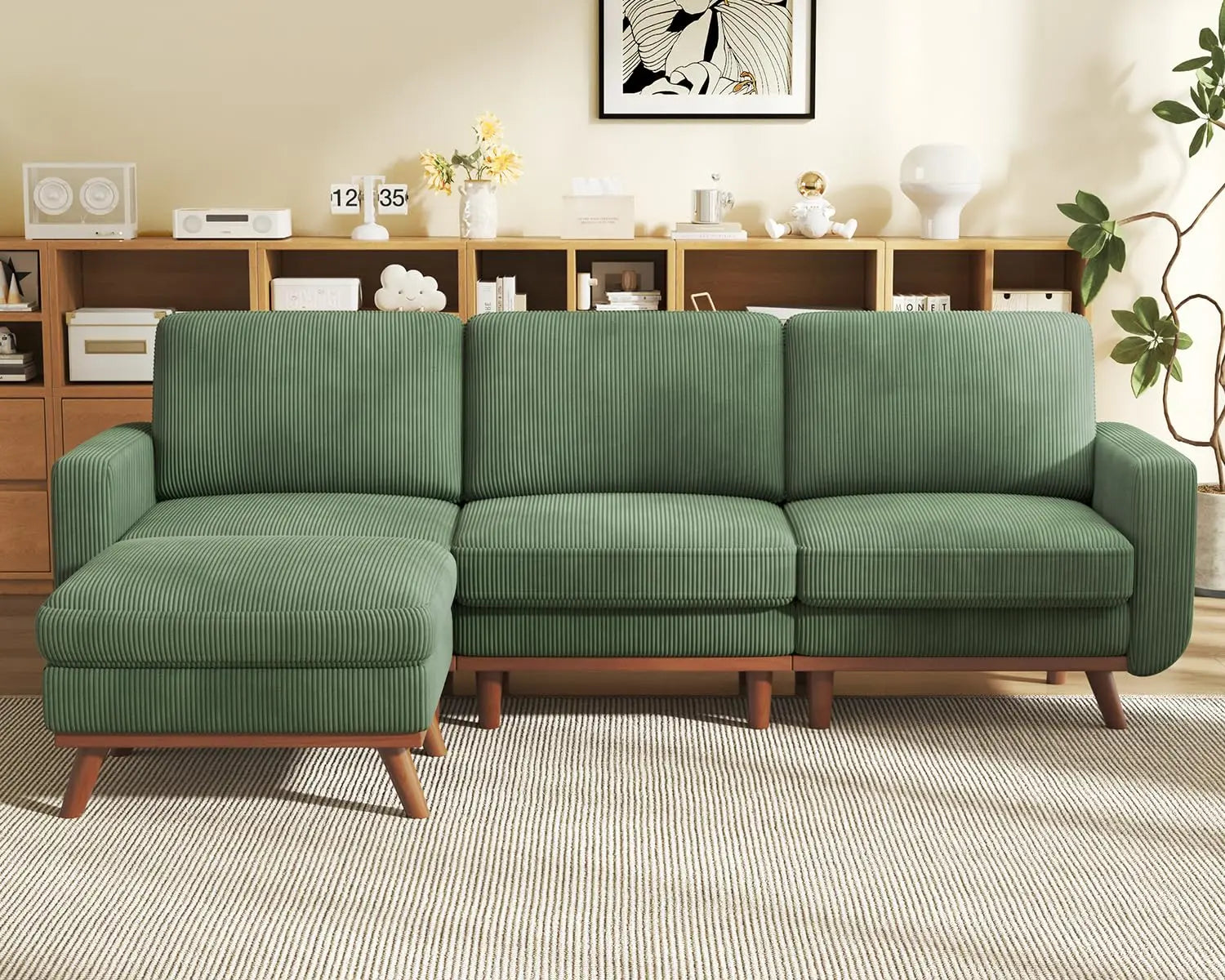 97" L-Shape Modular Sectional Sofa 3-Seat Corduroy Movable Ottoman Living Room Green, Customized