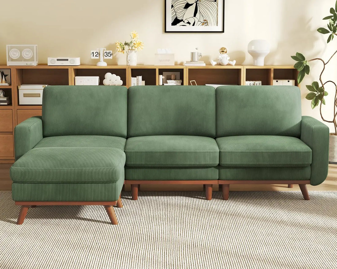 97" L-Shape Modular Sectional Sofa 3-Seat Corduroy Movable Ottoman Living Room Green, Customized