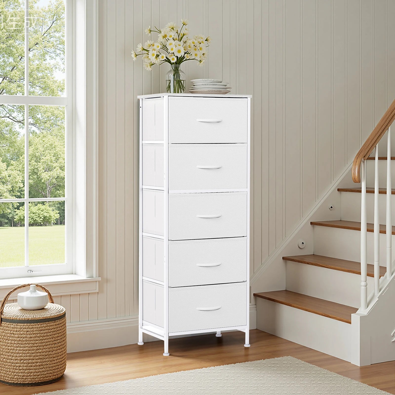 JHK 48IN Dresser For Bedroom With 5 Fabric Drawers Nightstand Wardrobe Steel Frame Closet For Clothes Storage Cabinet Furniture