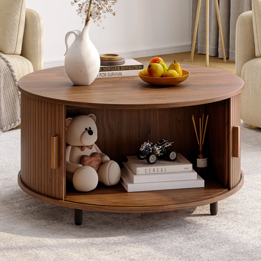 Round Coffee Table with Storage,31.5" Modern Coffee Table with 360° Curved Sliding Door,Fluted Wood Accent Coffee Tablee