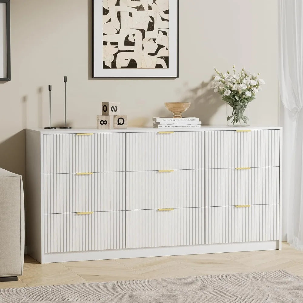 Dresser for Bedroom, Modern 9 Drawer Dresser with Smooth Slides and Gold Handles, Wide Bedroom Chest for Living Room