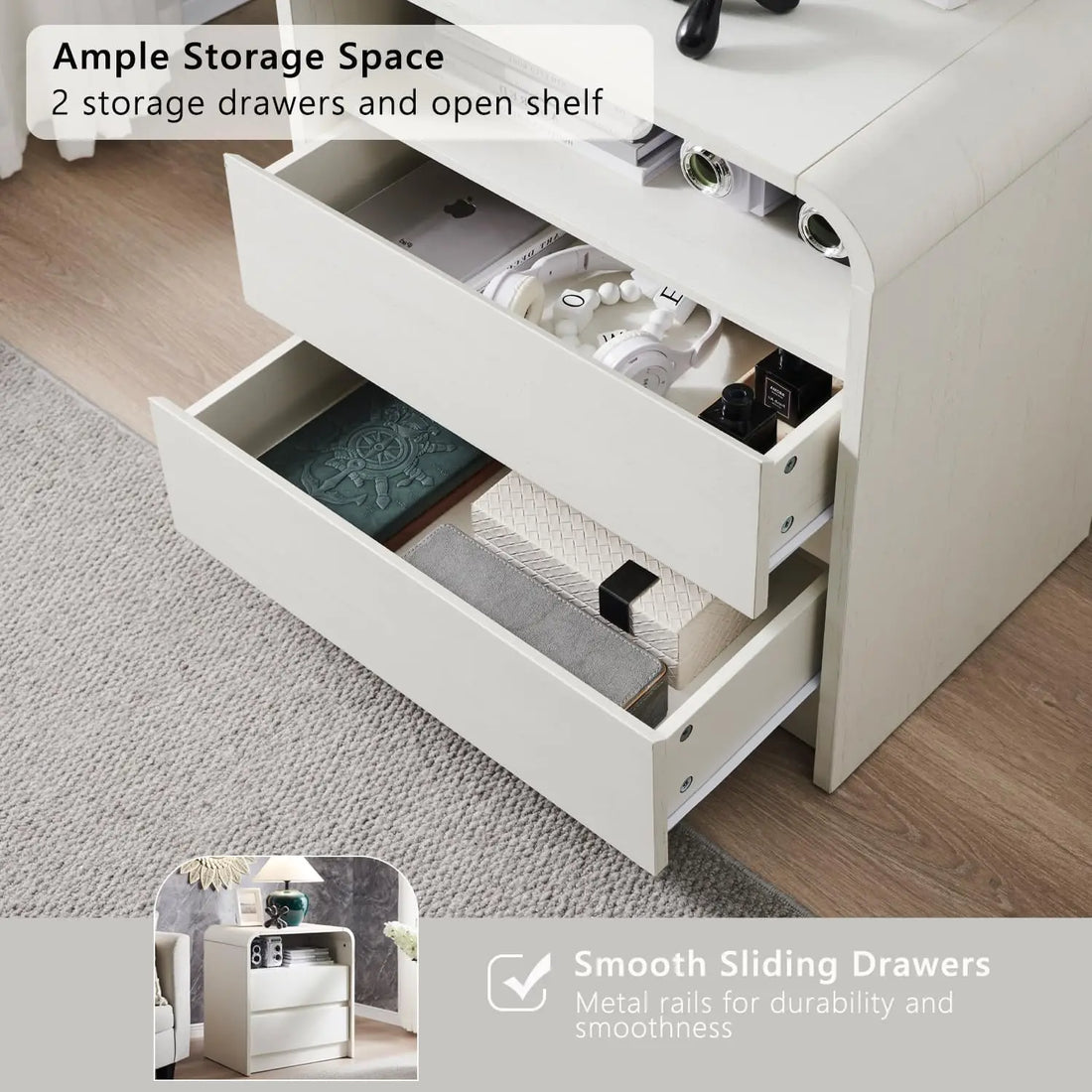 25" Tall Modern Nightstand with Charging Station, 23.6'' Wide Wood Bedside Table w/2 Storage Drawers,for Bedroom, Living Room