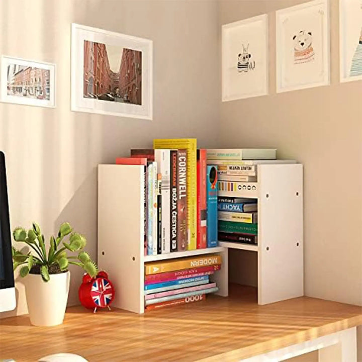 Desktop Shelf Organizer, Adjustable Wood Office Storage Rack, Counter Display Small Bookshelf for Home/Office/School(White)