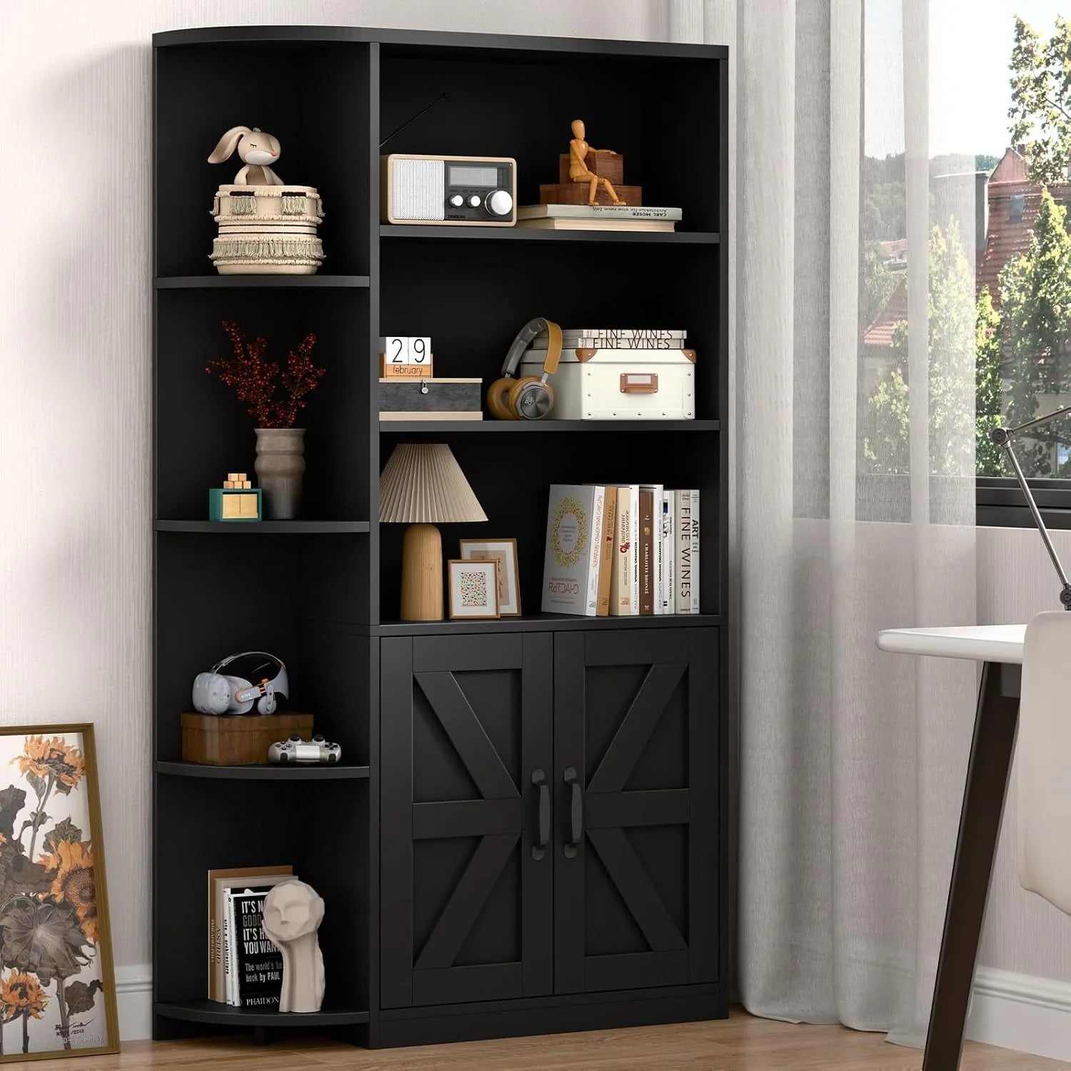 Wholesale Black Bookcase Corner Bookshelf With Shelves Cabinet Doors Adjustable Shelf For Living Room Office