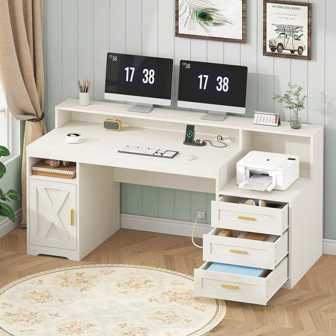 Farmhouse Computer Desk with Drawers, 65'' Home Office Desk with Power Outlets, Storage Cabinet and Printer Stand, Customized