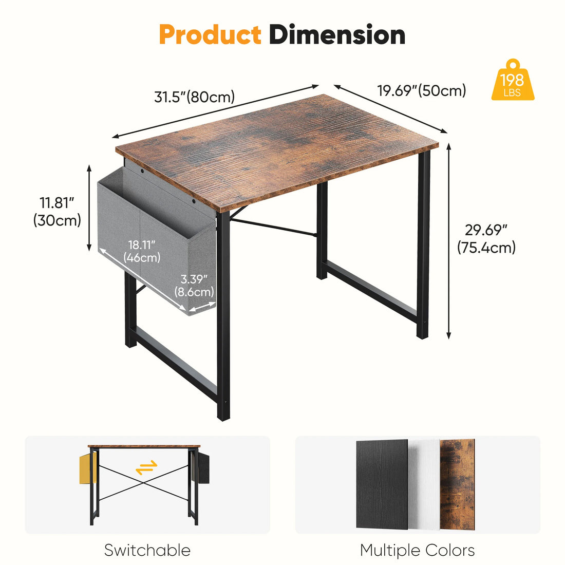 31IN to 55IN Computer Office Desk Writing Study Office Gaming Table with Storage Bag Metal Frame Wood Tabletop Easy Assembly