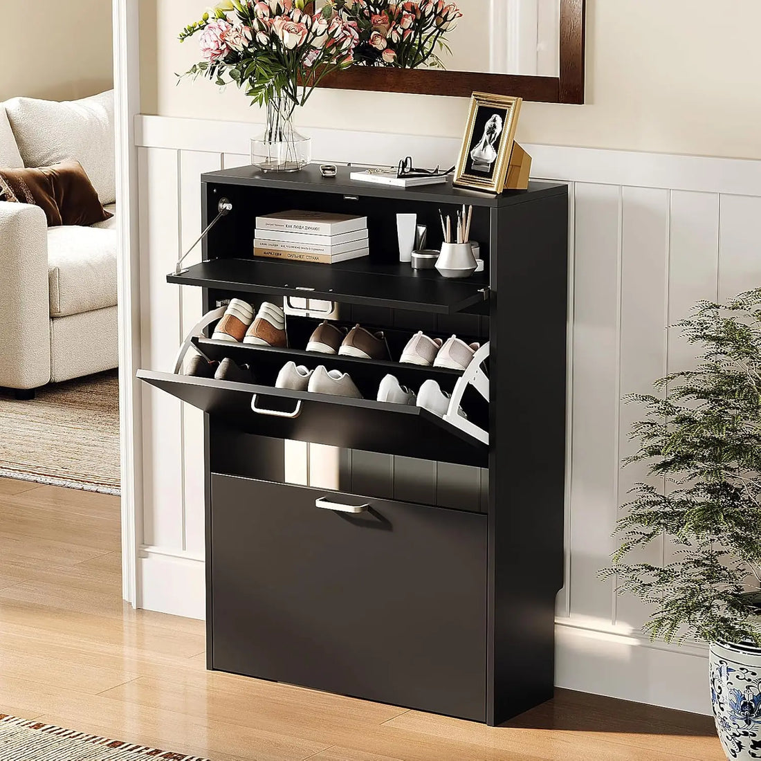 Shoe Cabinet Storage for Entryway Ultra Slim with 2 Flip &1Drop-Down Drawers, 24.8" W Narrow Shoe Cabinet for Front Door