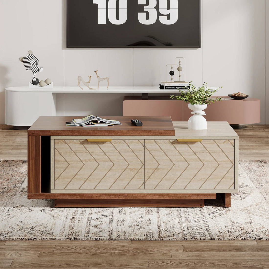 Tribesigns Extendable Coffee Table, 42"-65" Length Adjustable Reversible Wood Coffee Table with 2 Storage Drawers