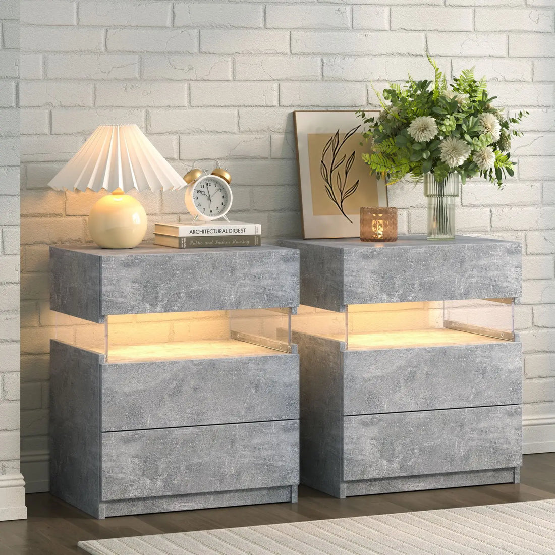 Cubehom Bedside Tables 2 Set with LED Lighting White Bedside Table with 3 Drawers Bedside Table for Bedroom